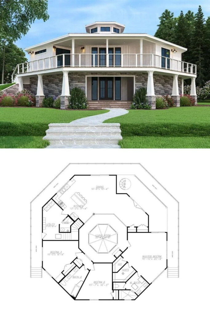 Two Story 3 Bedroom Modern Octagon Style Home With Wraparound Deck  - Octagonal House Floor Plans